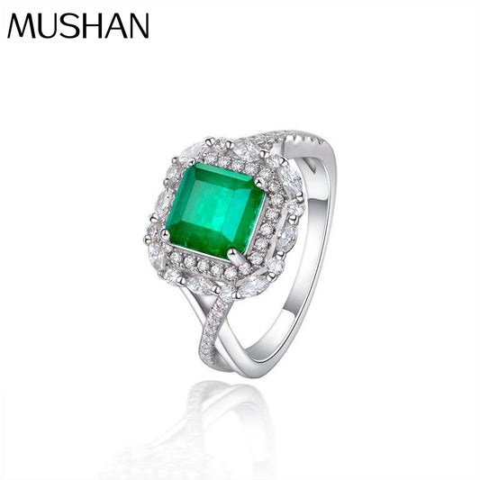MuShan Jewelry Factory Pure Silver 2ct Synthetic Emerald 7*7 Diamond Ring European and American High Carbon Diamond Ring