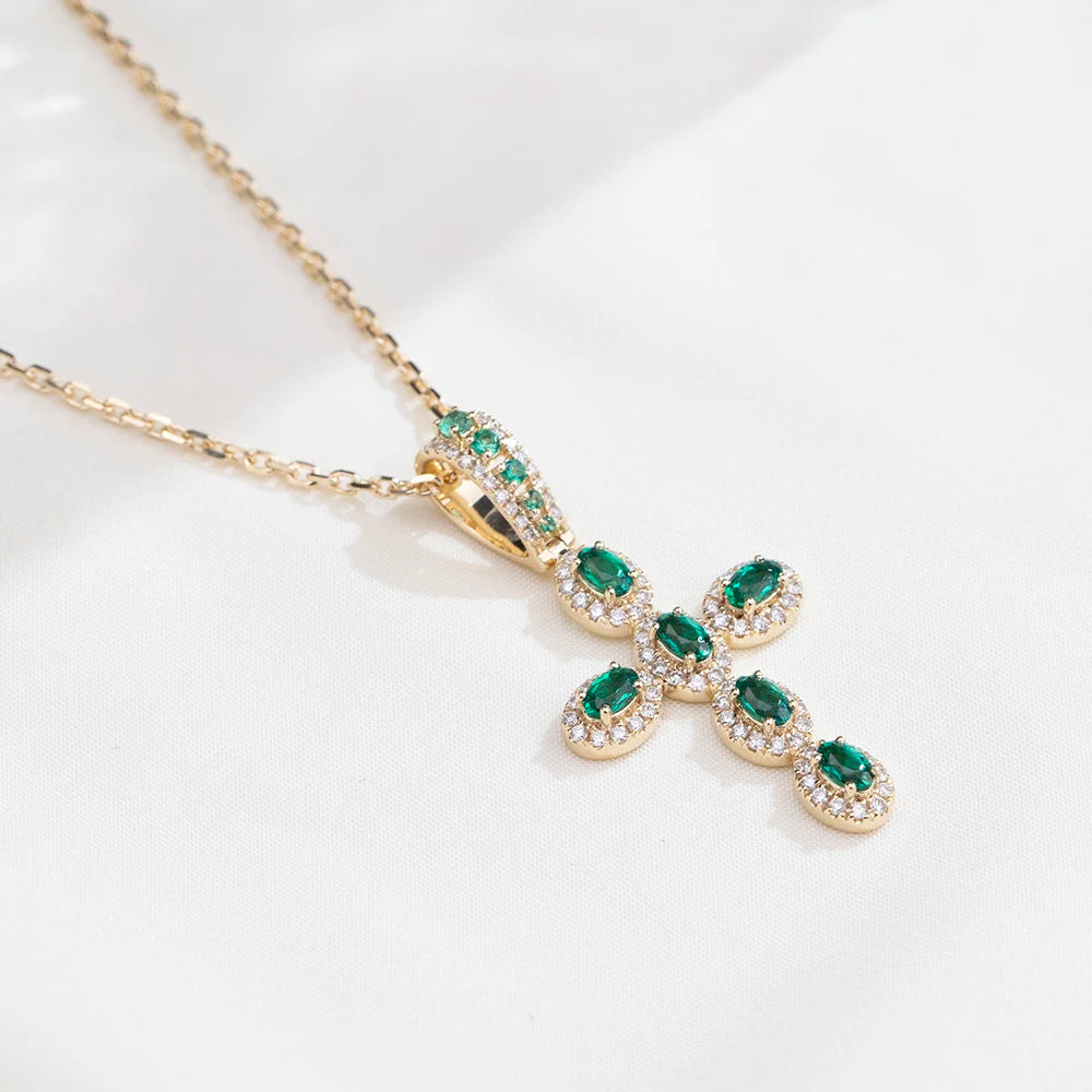 Messi Jewelry MSN-935 14k Yellow Gold Cross Necklace Oval Cut Lab Grown Emerald Necklace