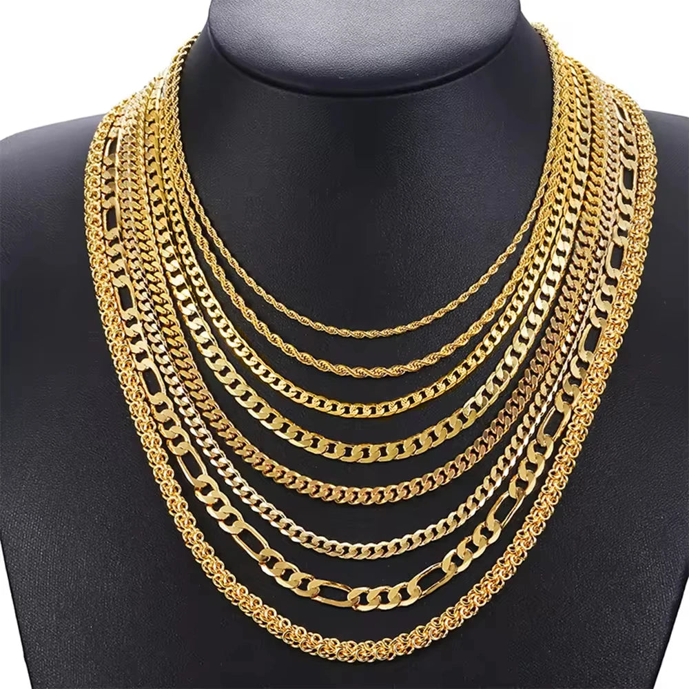 Wholesale Men Women Miami Cuban Real Gold Filled Necklace Rope Figaro Snake Fashion Jewelry Stainless Steel Cuban Link Chain