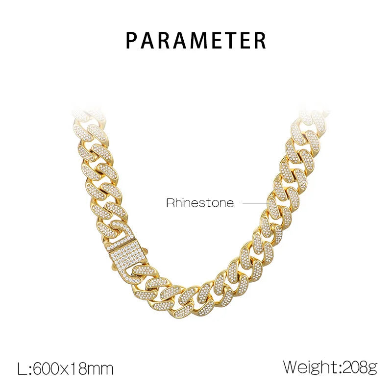 2PCS/SET European and American Stainless Steel Hip-hop Full Diamond Cuban Chain Stainless Steel Men's Necklace Bracelet Set