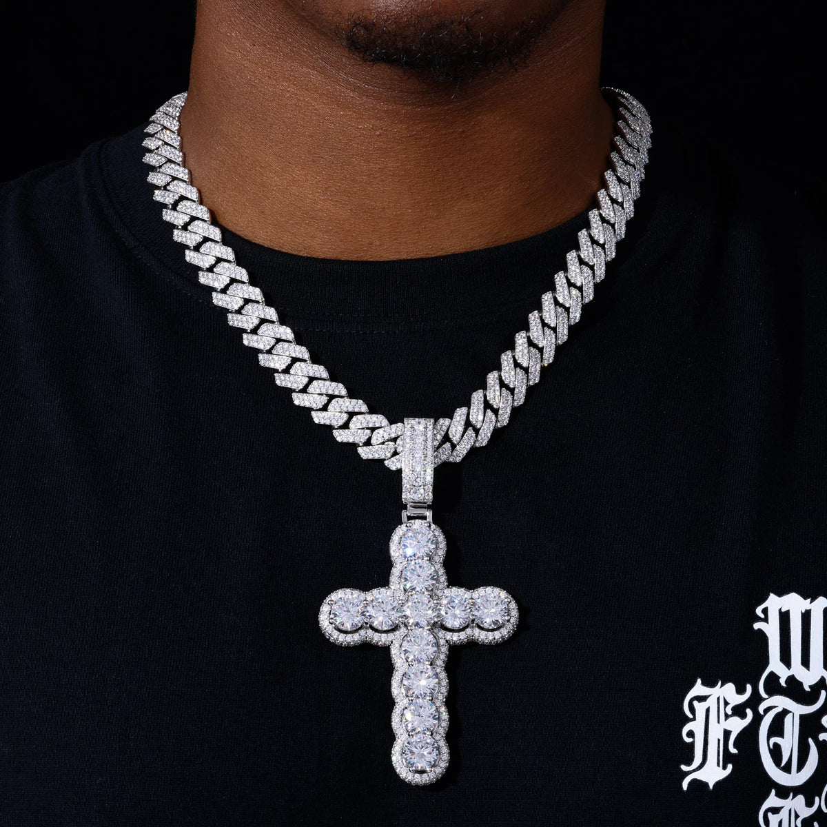 REBEL Luxury Christian Jewelry Hip Hop Cuban Link Chain Gold Plated AAAAA CZ Diamond Iced Out Halo Cross Pendant for Men Women