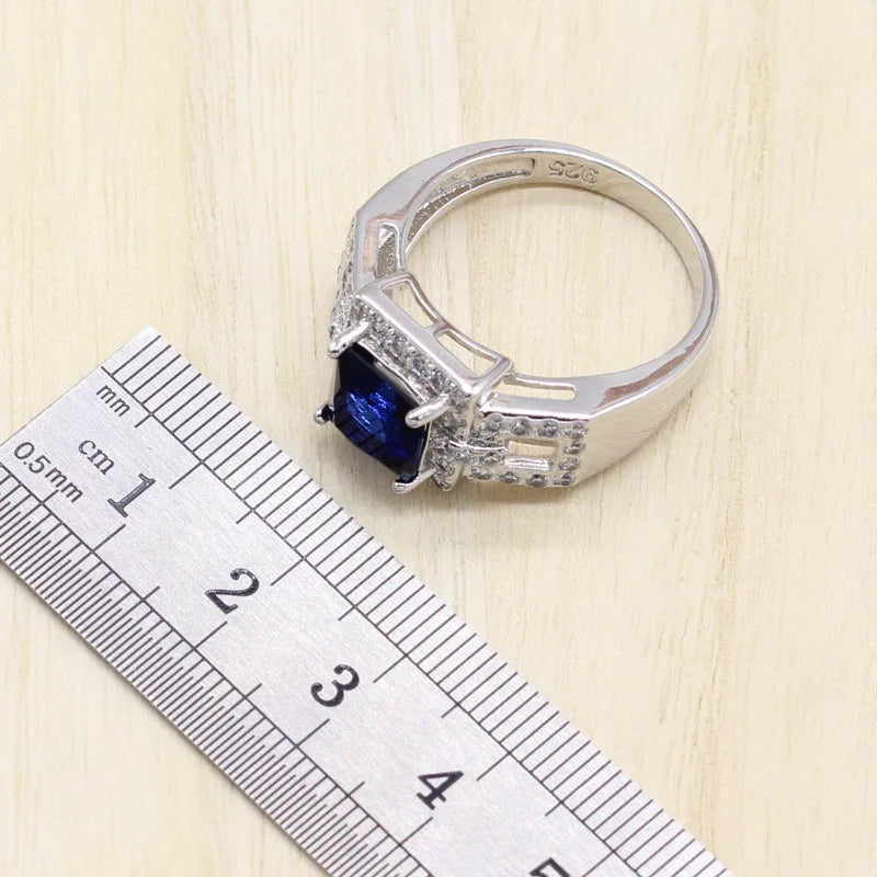 XOTICA Geometric Blue Stones White Gold Plated Jewelry Set for Women Bracelet Long Earrings Ring Necklace Pendant
