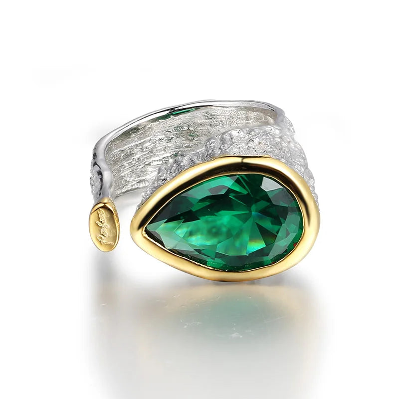 Pear Shape 925 Sterling Silver Green Spinel Ring with Gold Plated