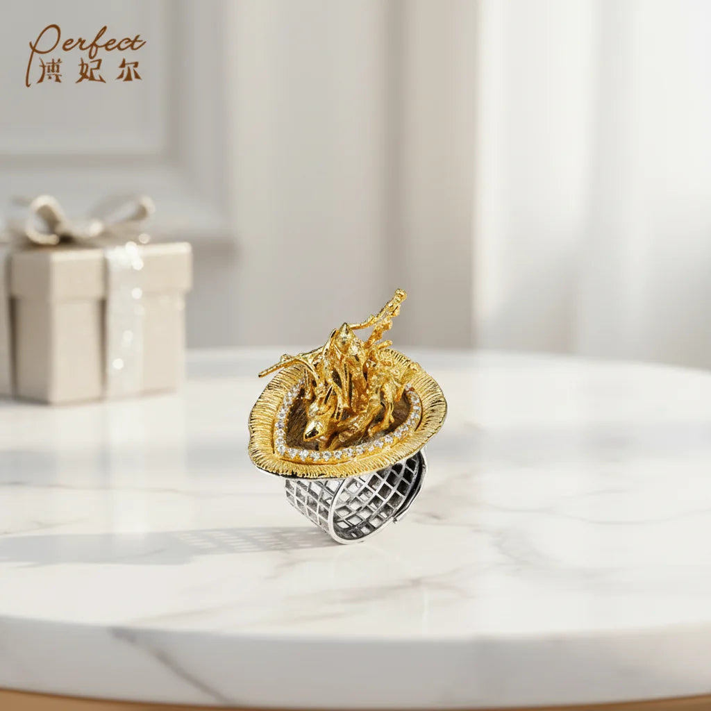 Turkish Hollow Grid Style 925 Silver Store Gold Plated Finger Ring