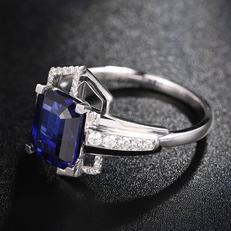 Gemfiori Anster 18K Gold Wedding Ring with 10ct Sapphire Gemstone Big Emerald Cut Butterfly Designs Blue Sapphire Stone Fine Rings