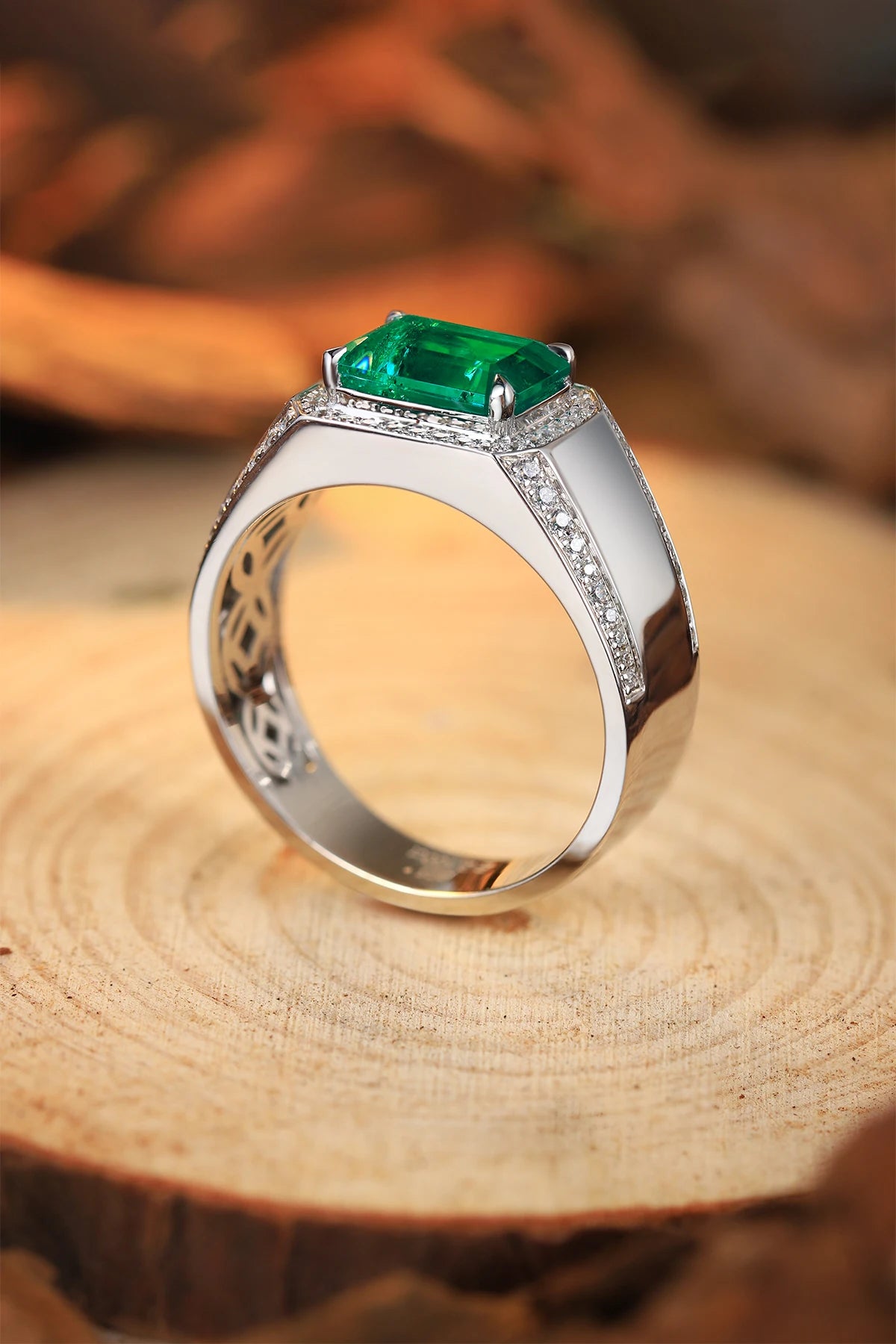 Gemfiori New 925 Sterling Silver Lab Grown Emerald Ring Jewelry Set Emeralt Cut Gemstone for Man Ring