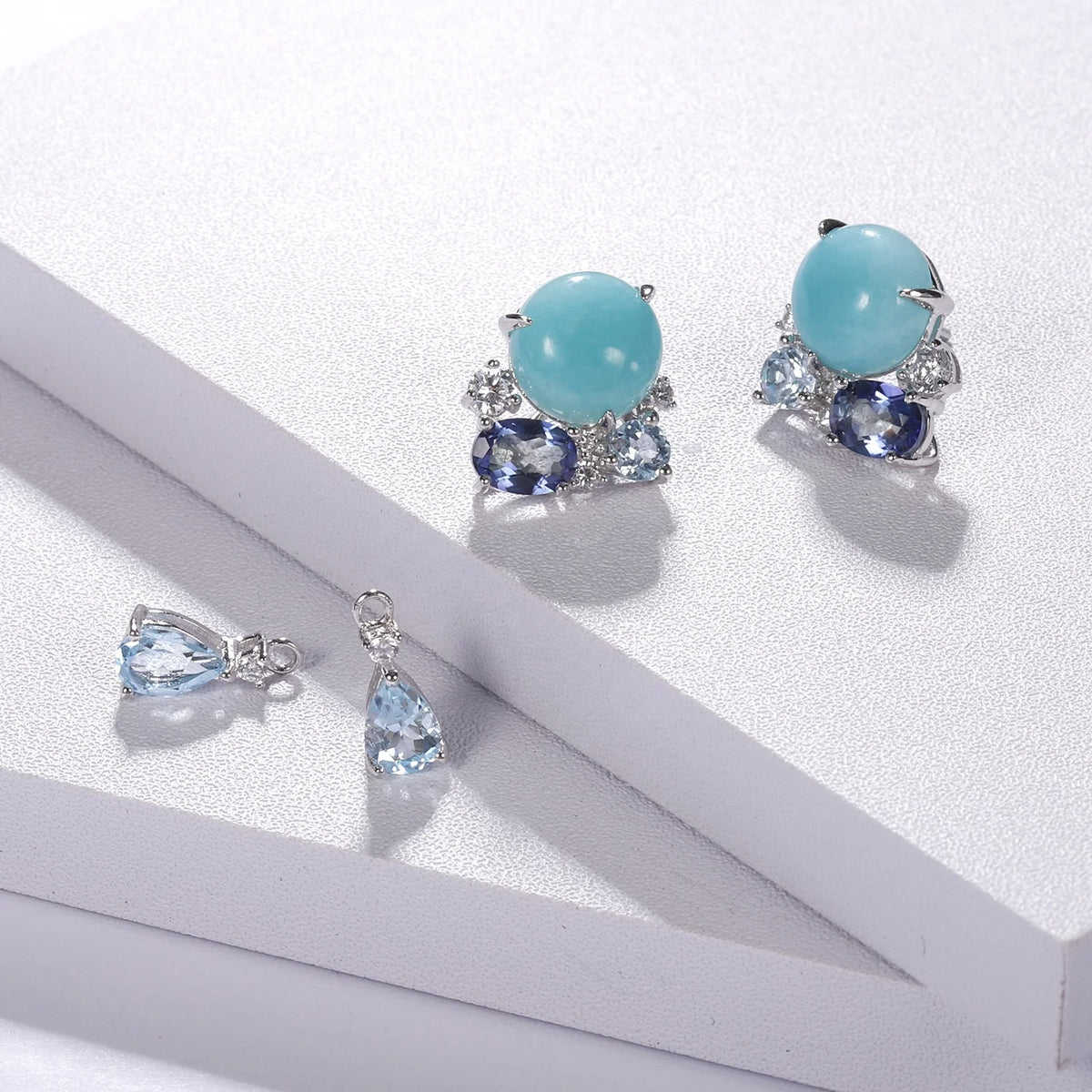 ArtistA C7646 Abiding Delicate Mix Gemstone Amazonite Blue Topaz Mystic Quartz 925 Silver Earrings Ring Jewelry Set