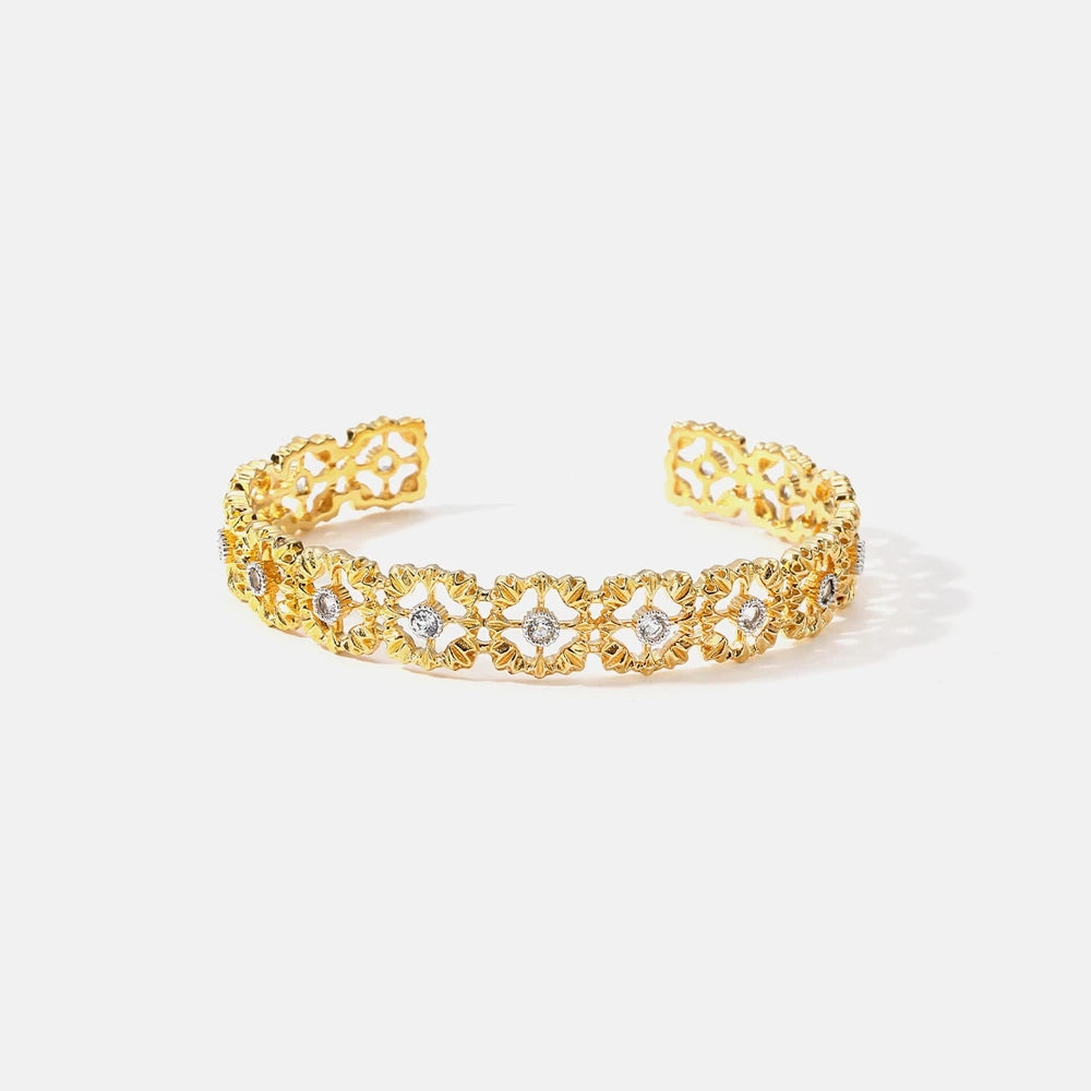Silverelli | 925 Silver Lace Hollowed Out Bangle | Emerald & Diamond | 18K Gold Plated