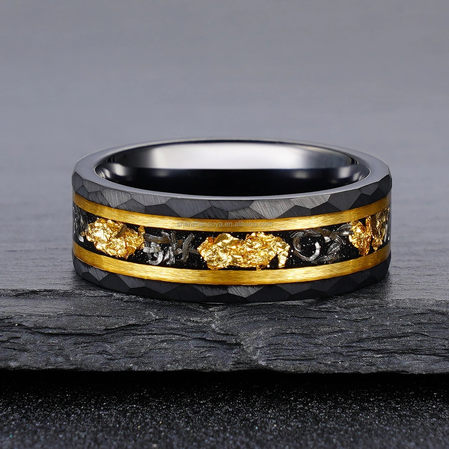 Classic 8mm Black Tungsten Carbide Ring Gold Foil Iron Shavings Inlay Wedding Band Men Anniversary Jewelry