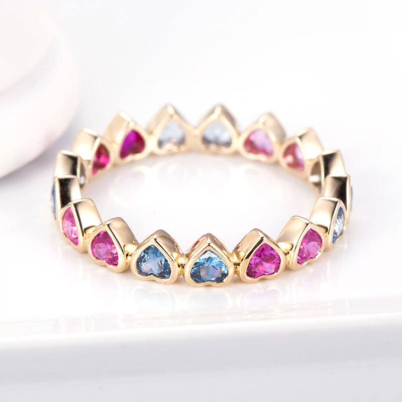 Rainbow Trendy Ring Heart Cut 9k Yellow Gold Corundum Ring for Women Lab Grown Emerald