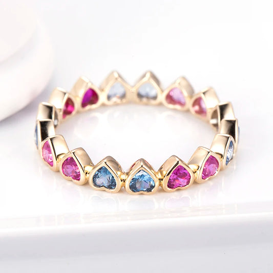 Rainbow Trendy Ring Heart Cut 9k Yellow Gold Corundum Ring for Women Lab Grown Emerald
