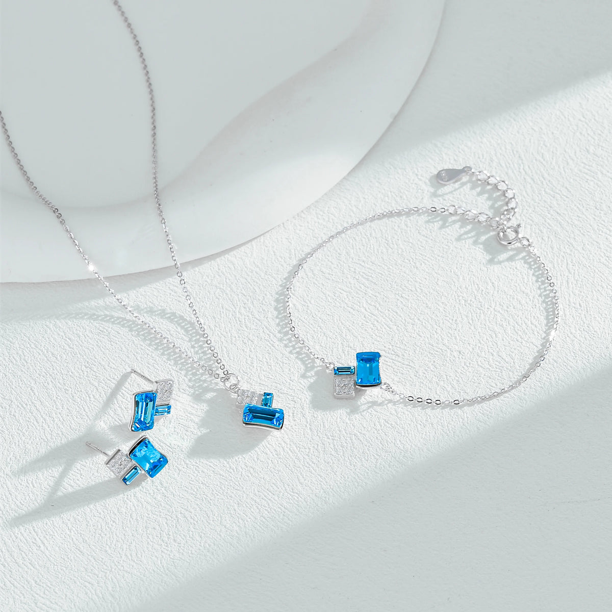 S&S Crystal Rhinestone Geometric 925 Silver Jewellery Set | Rhodium Plated Necklace, Bracelet & Earrings | S&S Collection