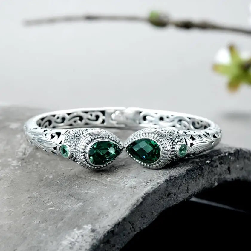 REBEL S&S REBEL Emerald Gemstone 925 Sterling Silver Bangle | Princess Cut | Rhodium Plated | Luxury | Collection
