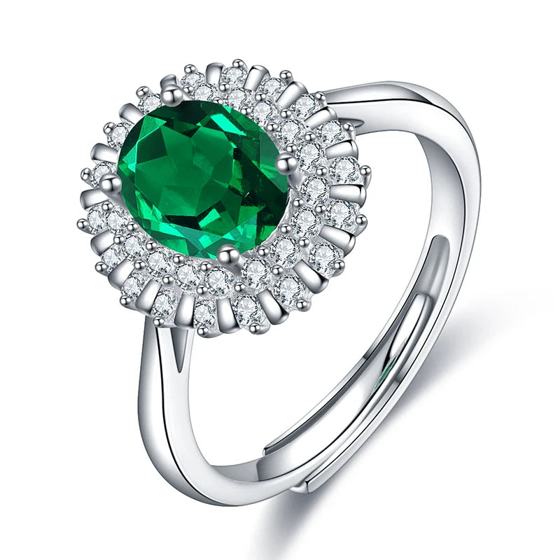 Gemfiori 100% 925 Silver Oval Emerald Stone Promise Ring With Small White Cz Diamonds for Her