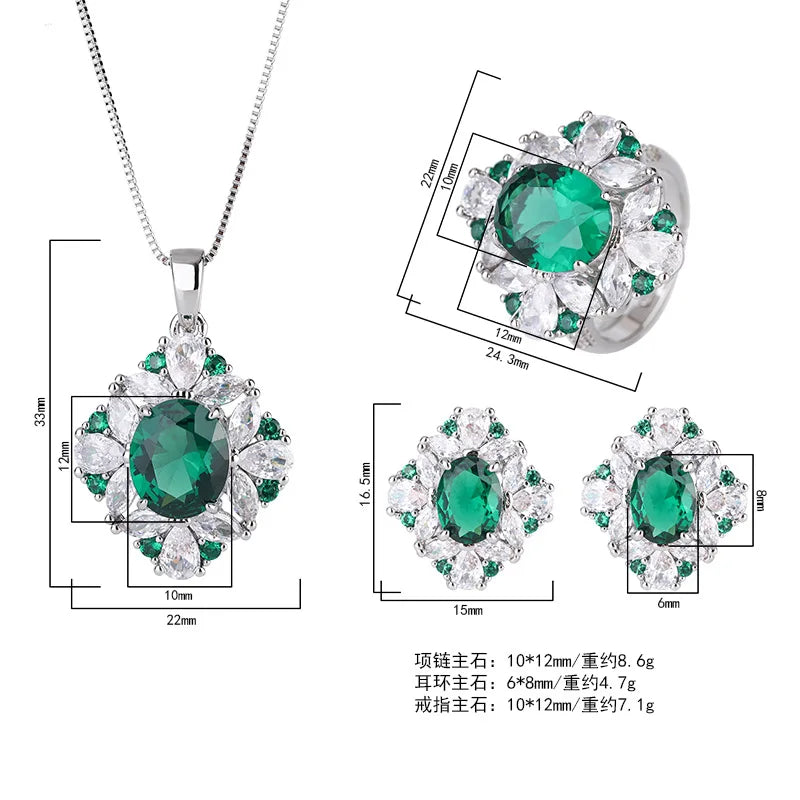 Gemfiori European and American Temperament Inlaid with Emerald Zircon Jewelry Fashionable Retro High-end Pendant Earrings Ring Set