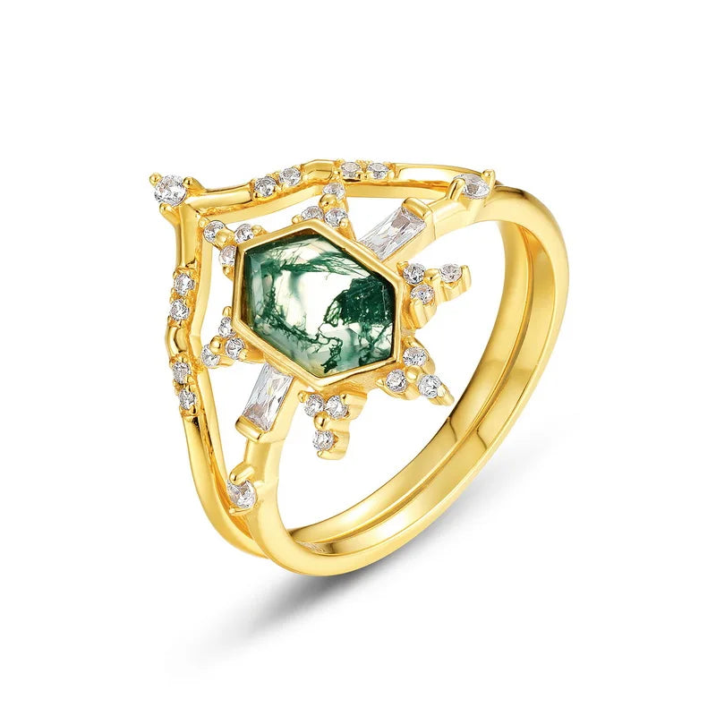 Hexagon Cut S925 Sterling Silver Natural Moss Agate Stack Ring Set Baguette Round White Stone Vintage Bridal Jewelry Gift