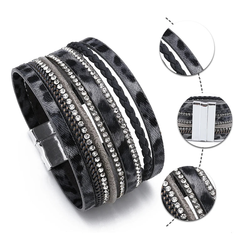 FASHIONISTA Hot Selling Fashion European and American Brick Inlaid PU Leather Magnetic Buckle Natural Leopard Print Ladies Bracelet