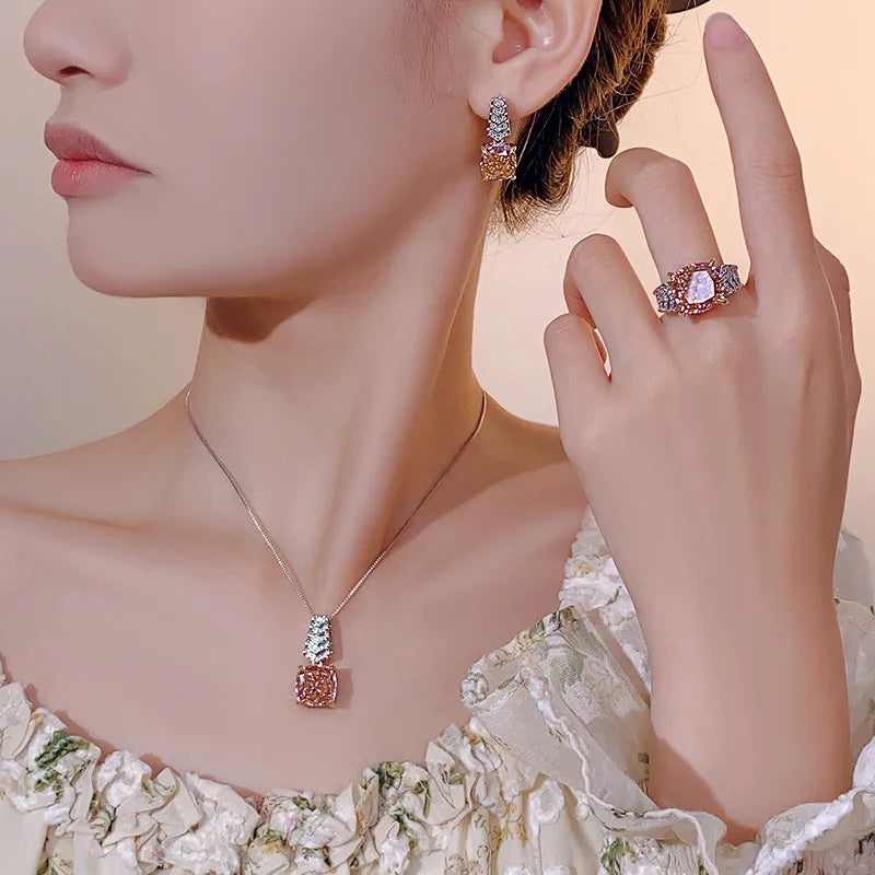 REDheart Ice Flower Cut Copper Inlaid Pearl Rhodium Plated Opening Ring Papalacha Light Luxury Jewelry Pendant Necklace Set Women's