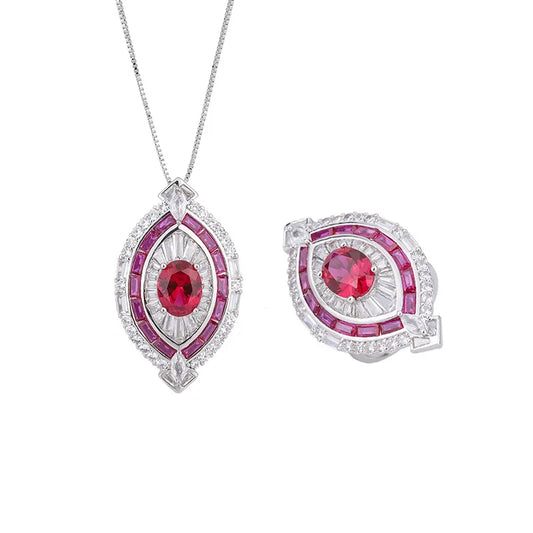 Fashion Jewelry Eco-friendly Copper 8*10MM Red Zircon Women's Insert Design Ring and Necklace Combo Set for Valentine's Day Gift