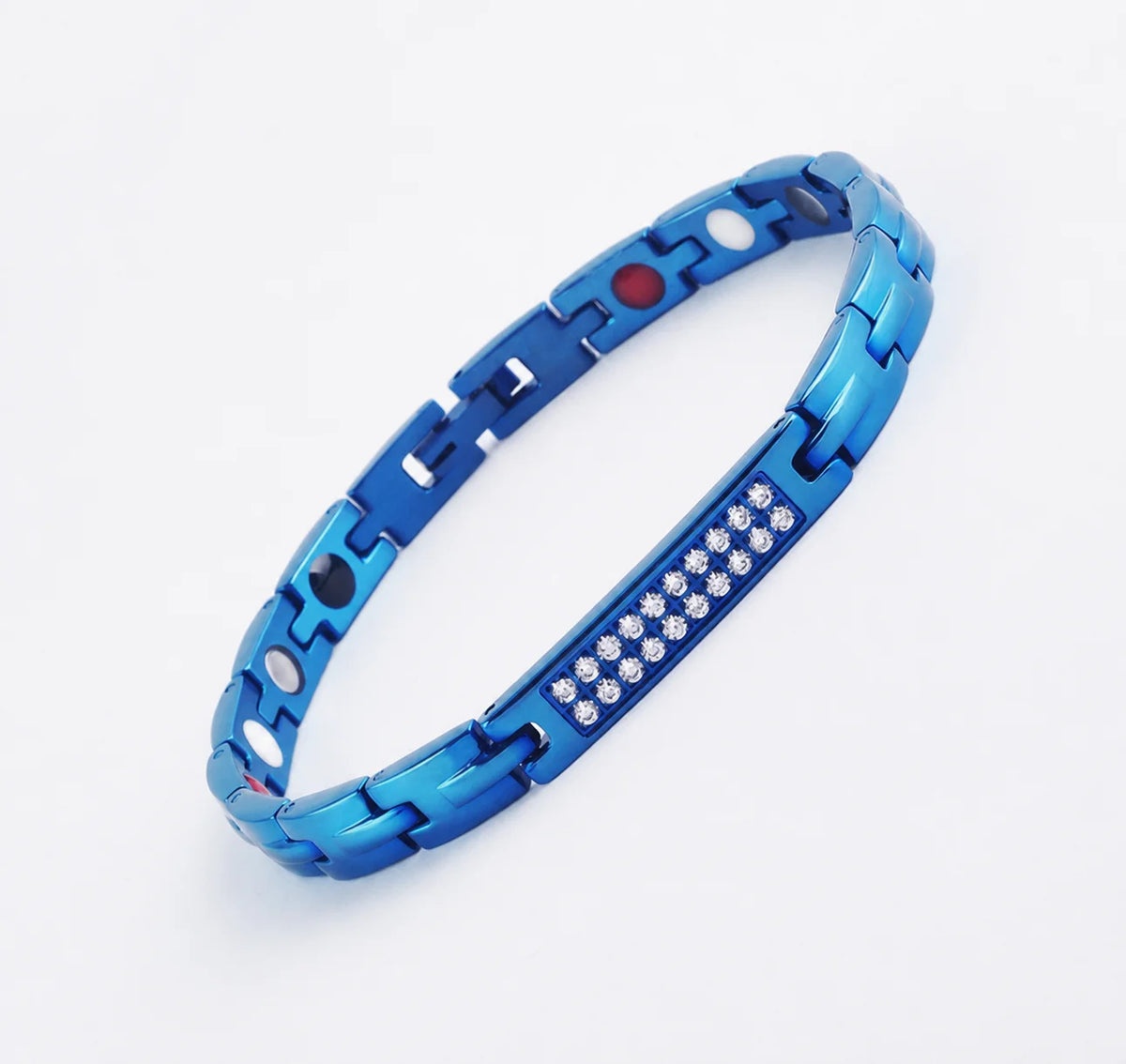 REBEL 4-in-1 Blue Stainless Steel Magnetic Therapy Chain Link Bracelet with Crystal Bar Adjustable Fashion Jewelry