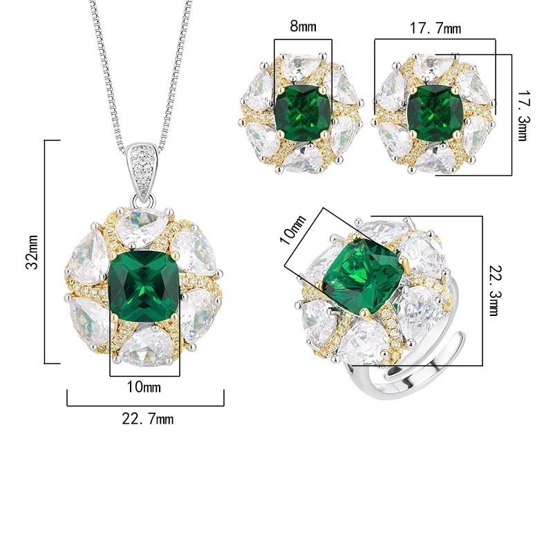 Gemfiori Vintage Fashion Emerald Pendant Earrings Necklace Earrings Ring Set Luxury Women's Ring Crystal Zircon Aesthetic Gift