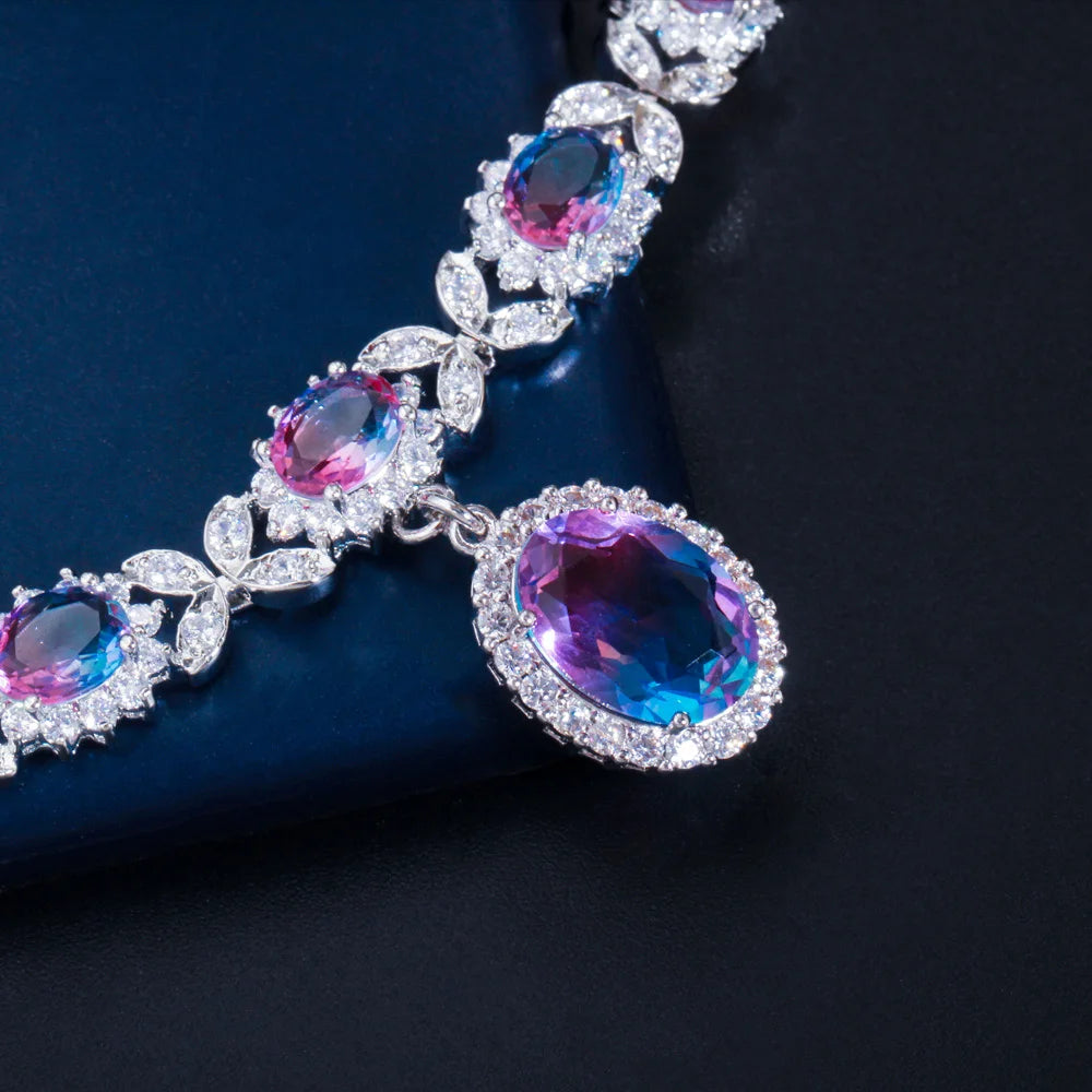 Elegant Mystical Rainbow Cubic Zirconia Crystal Oval Drop Leaf Earrings and Necklace Set for Women Evening Party Jewelry Gift