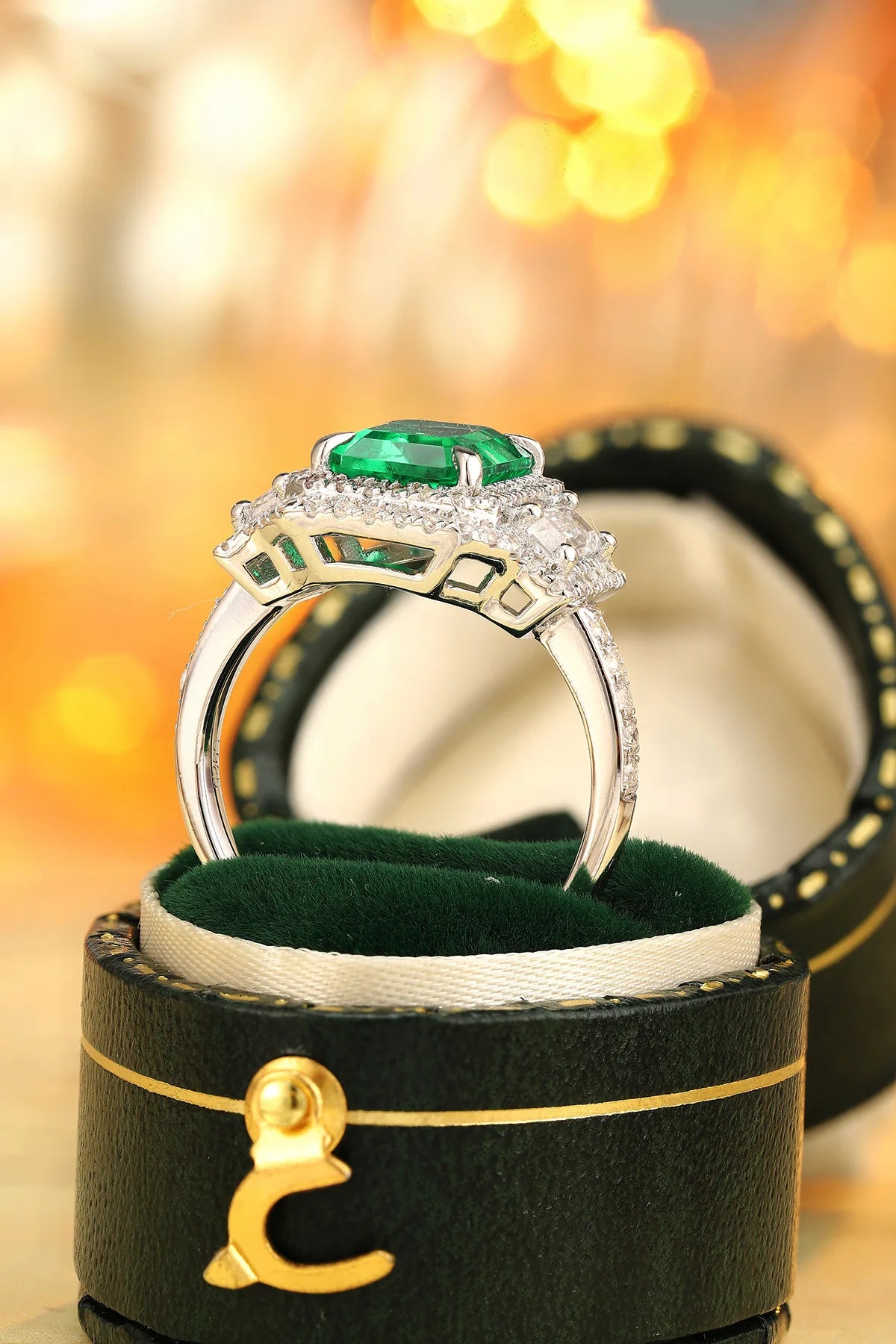 Gemfiori Custom 925 Sterling Silver Emerald Cut Lab Grown Emerald Engagement Ring Lab Created Green Emerald Jewelry