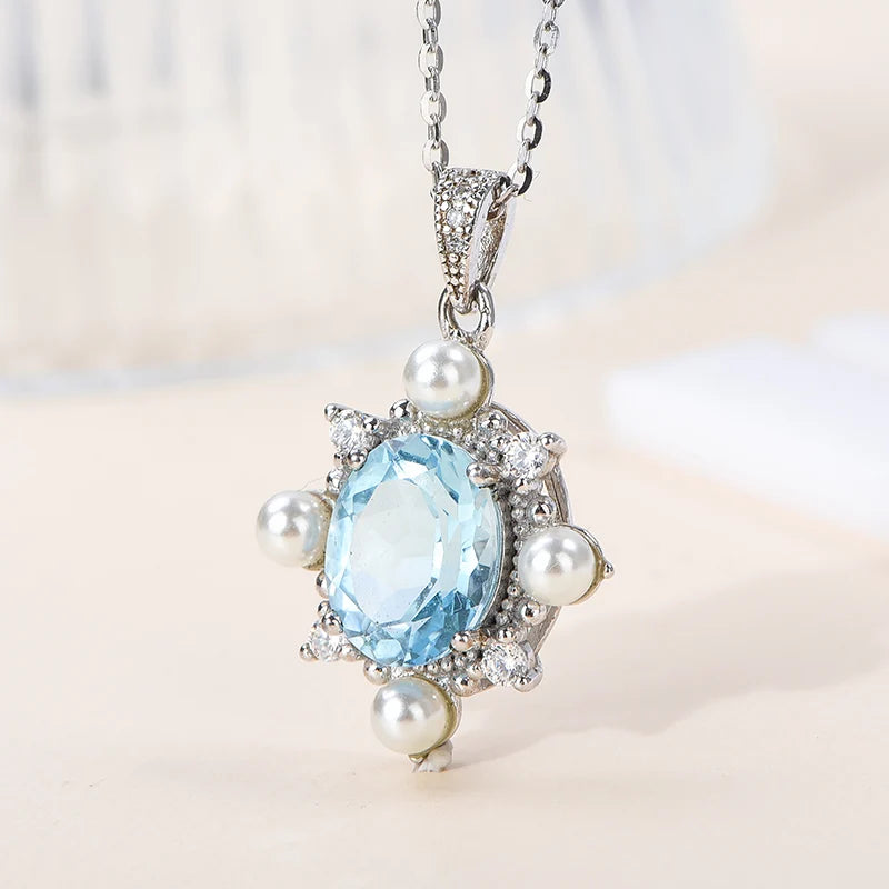 Gioiellieri Fashion Sky Blue Topaz Pendant Necklace Women 925 Sterling Silver Rhodium Plated Chain Zircon Natural Stone Jewelry