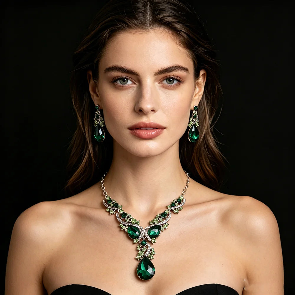 XM S368 Silver Plated Princess Cut Zircon Floral Statement Necklace & Drop Earrings Set