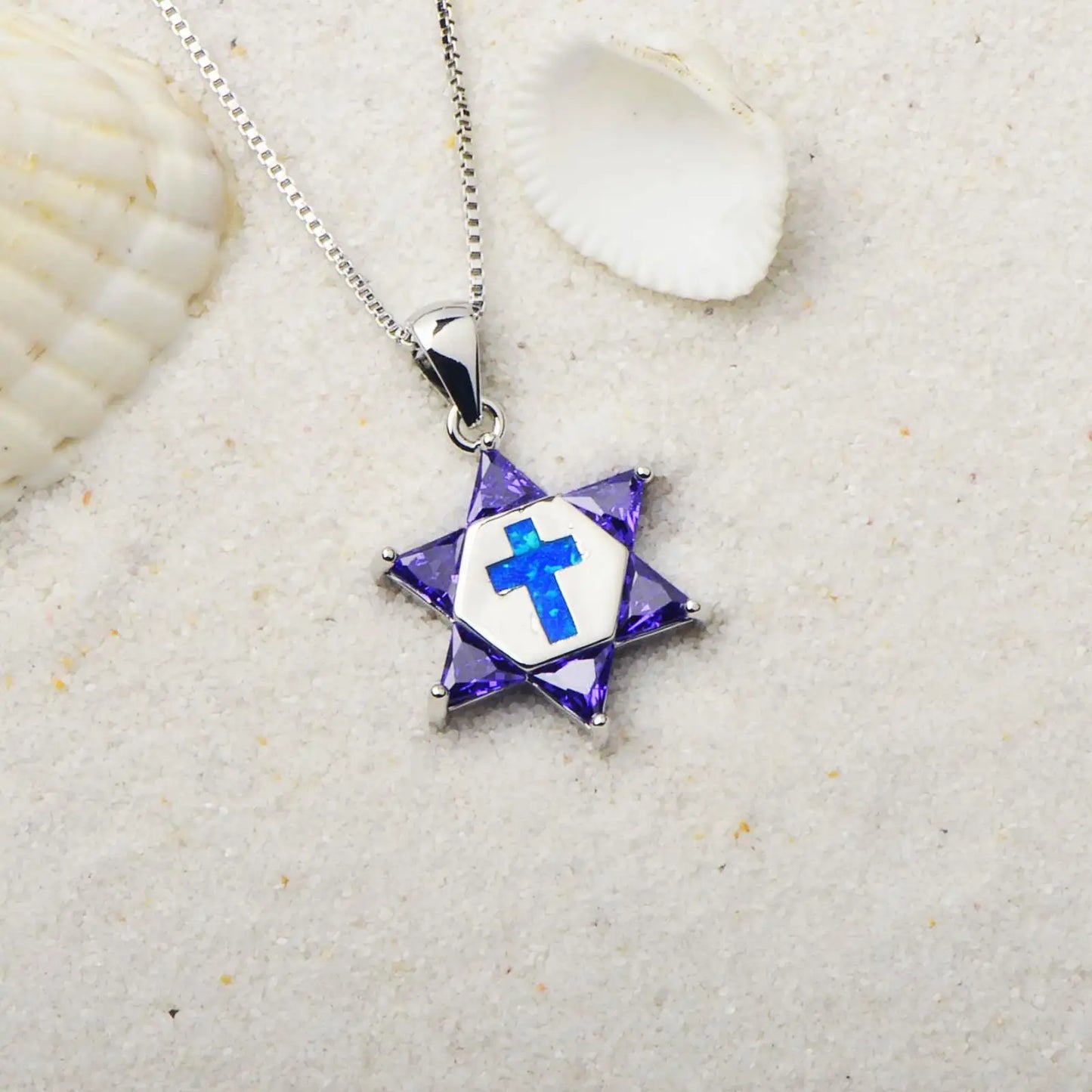 Hawaii Beach Zircon hexagonal Star Women's Lab Created Blue Silver Plated Copper Alloy Box Chain Necklace for Anniversary