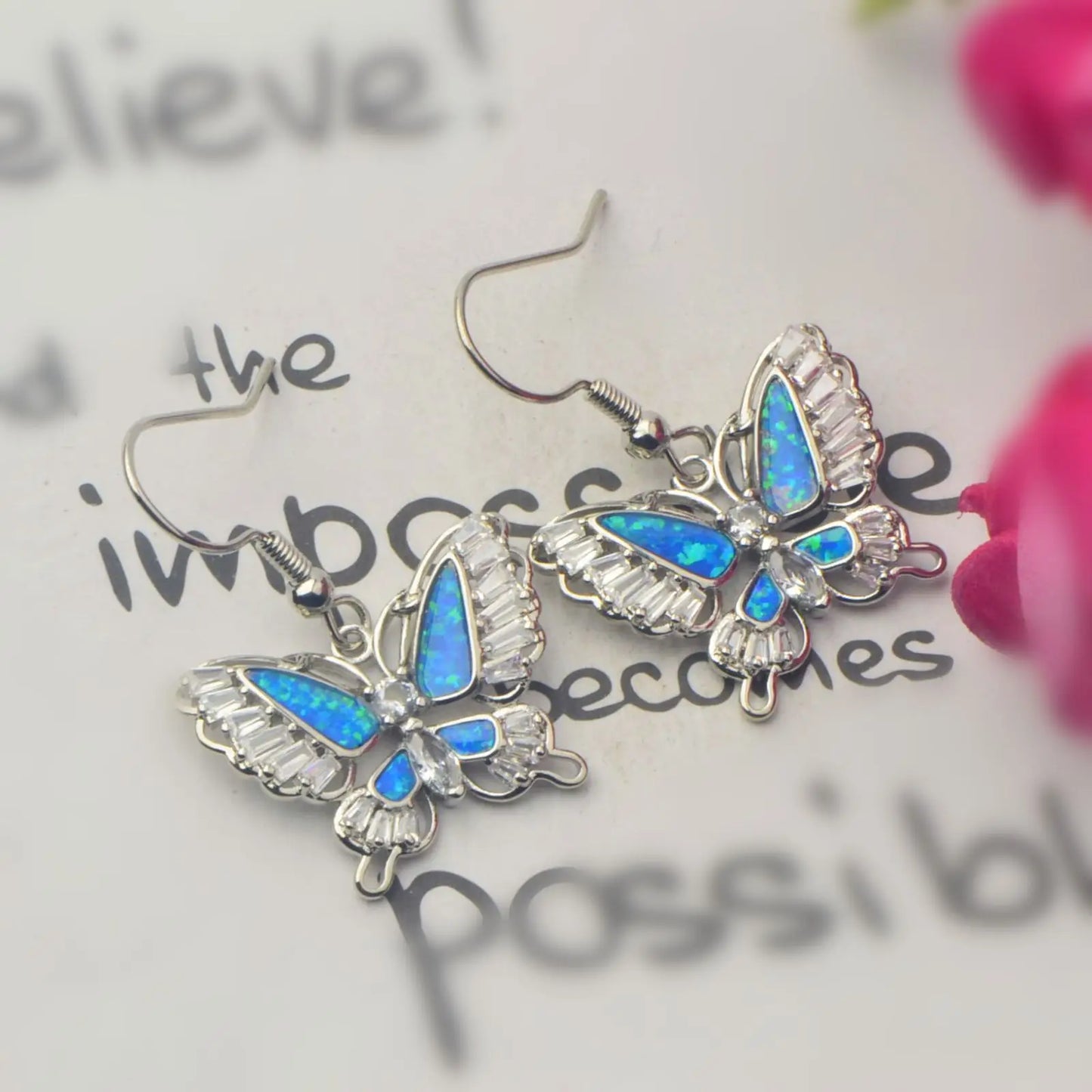 Aobao Silver Plated Brass Opal Christian Butterfly Earrings Bohemian Style Women's Gift