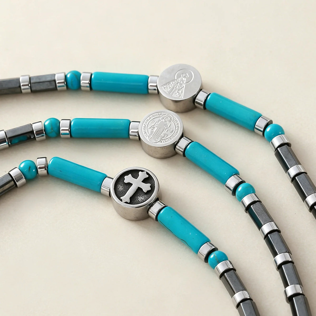 XOTICA Handmade Stainless Steel Chain Hematite Spacer Natural Stone Turquoise Beaded Cross Bracelet Fashion Jewelry Gifts for Men