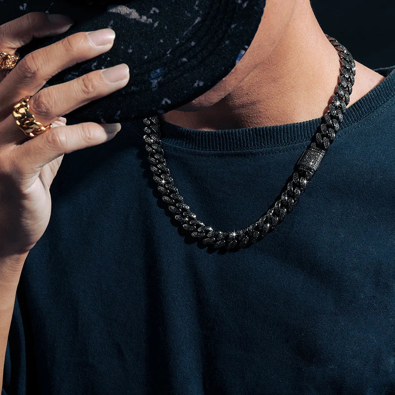 REBEL Item 12mm Black Vvs Moissanite Iced Out Cuban Link Chain Hop Fine Jewelry 925 Sterling Silver Cuban Necklace