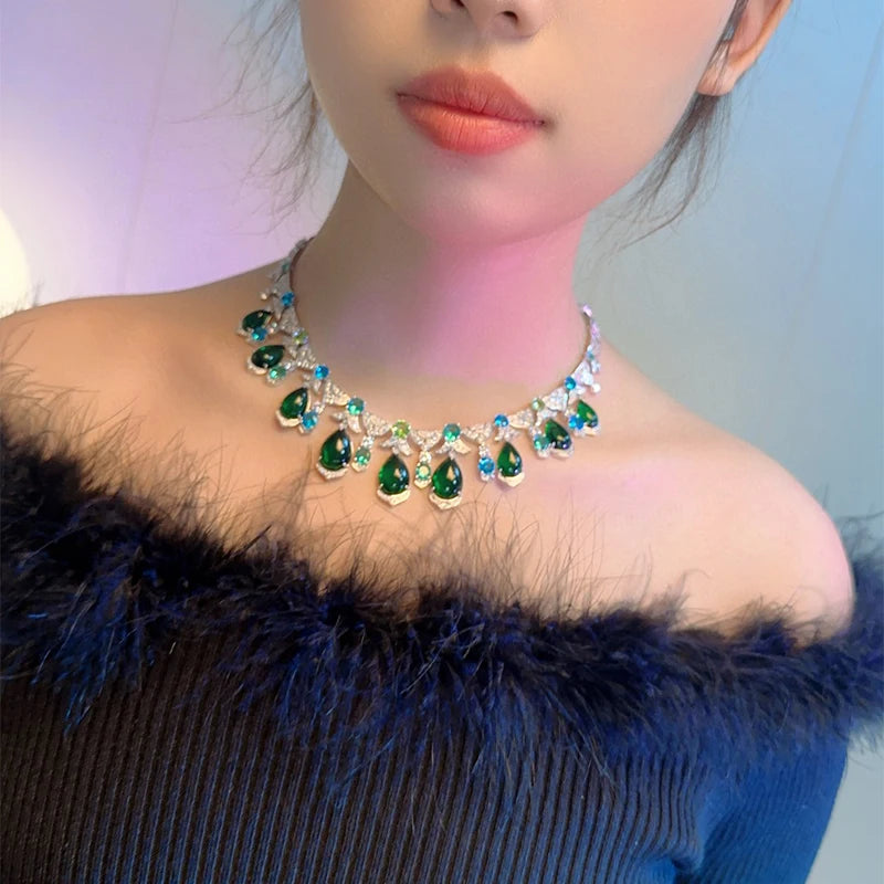 Luxury Women's Brass Necklace Earrings and Ring Three Piece Set  Water Droplet Green Zirconia Banquet and Wedding Accessories