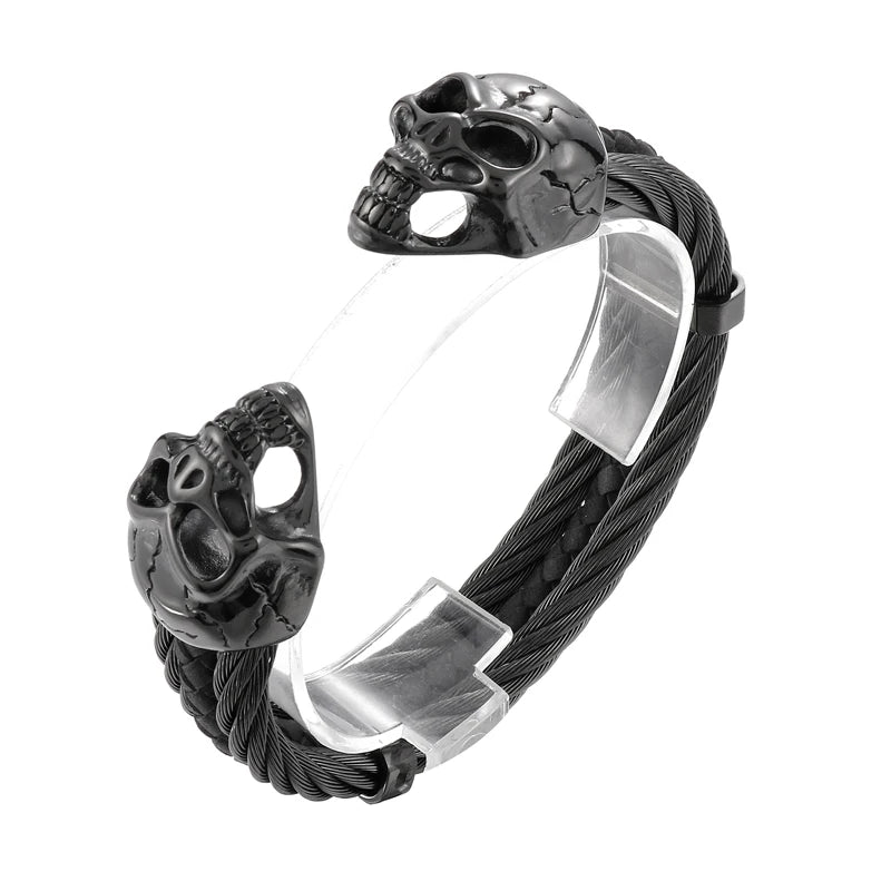 REBEL Punk Silver/Gold/Black/Grey Stainless Steel&Double Skin Skull Cuff Bangle Bracelet