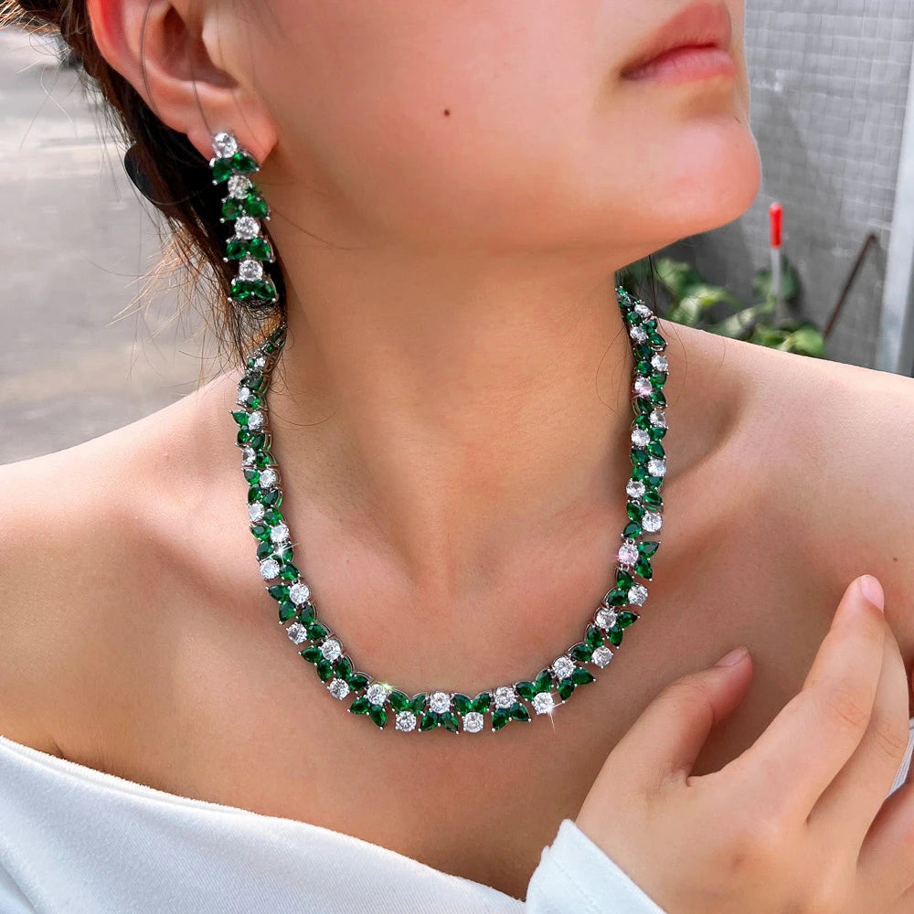 Trendy Green White Color Cubic Zirconia Wedding Brides Anniversary Jewelry Set for Women Necklace and Earrings Dress Accessories