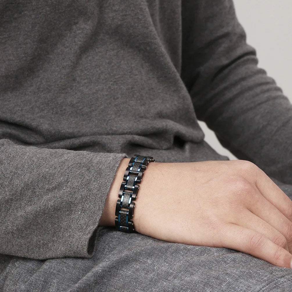 REBEL Men's Trendy Carbon Fiber & Stainless Steel Chain & Link Geometric Bracelet Black/Blue Zinc Plated Party Jewelry Model AS-SL-003