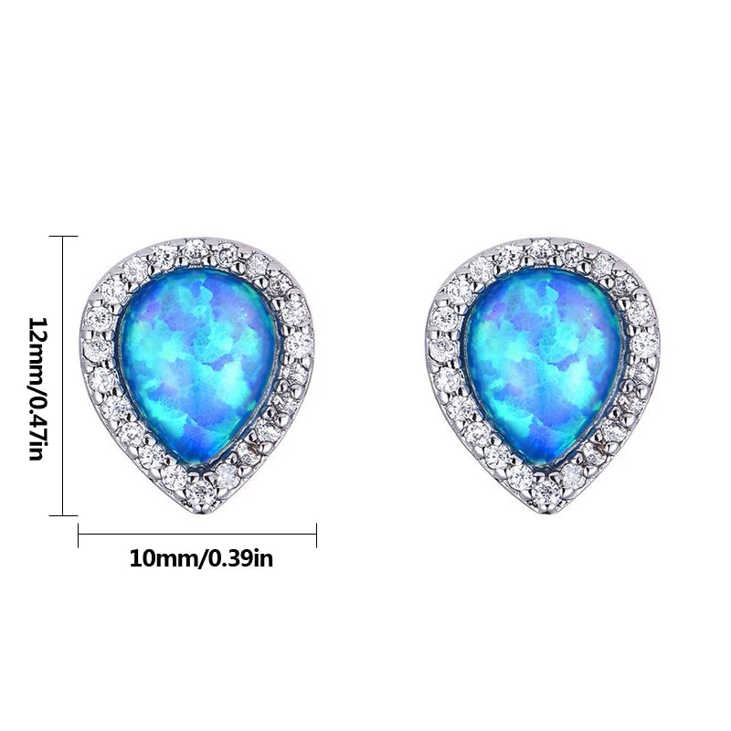 Teardrop Opal Halo Stud Earrings - Blue Fire Opal & Paved CZ Frame Design | Elegant Daily Jewelry Bulk Gifts