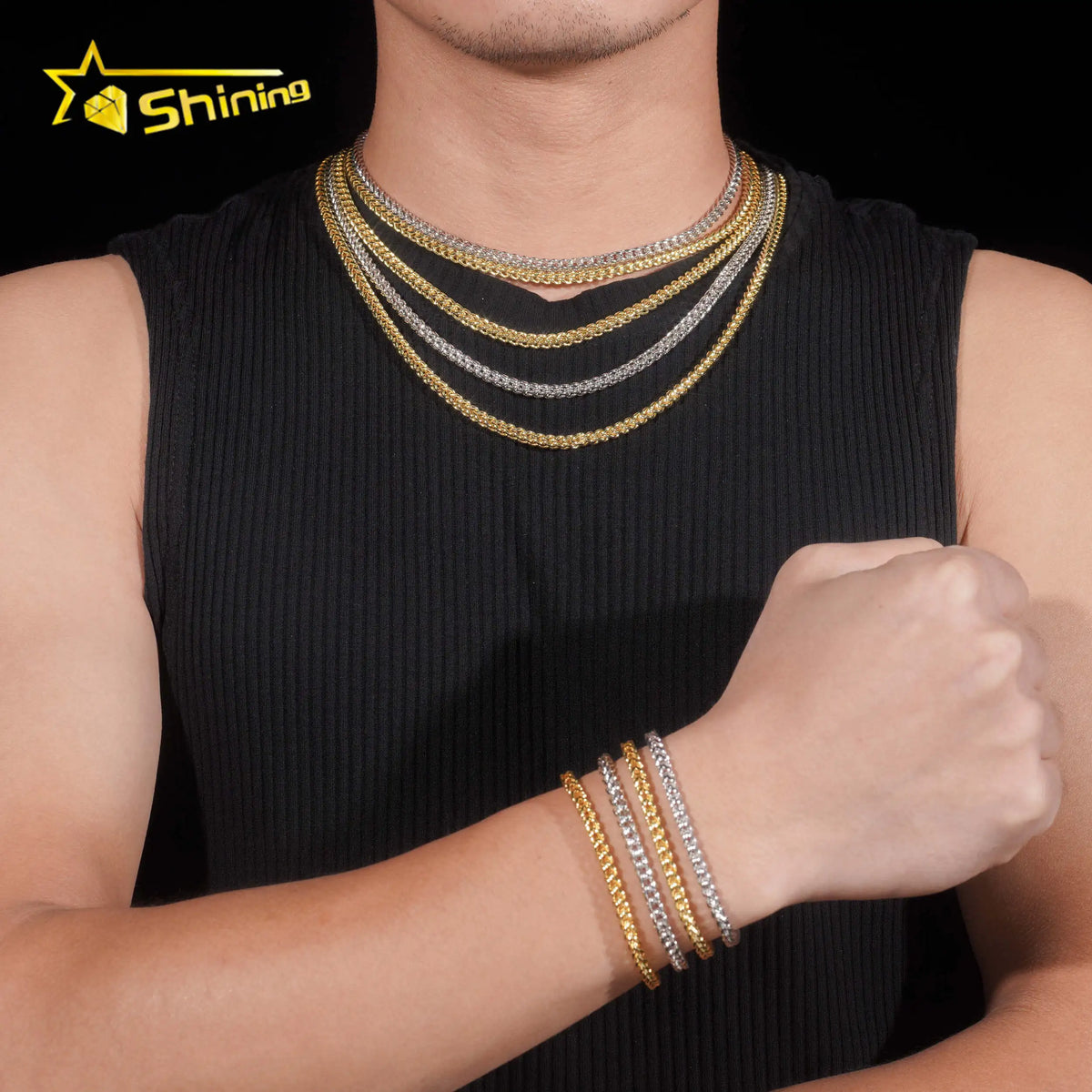BiG-BOSS Fast Shipping Hip Hop Jewelry Necklaces Men Women Choker Necklace Fashion Gold Plated 4MM Stainless Steel Moissanite Rope Chain