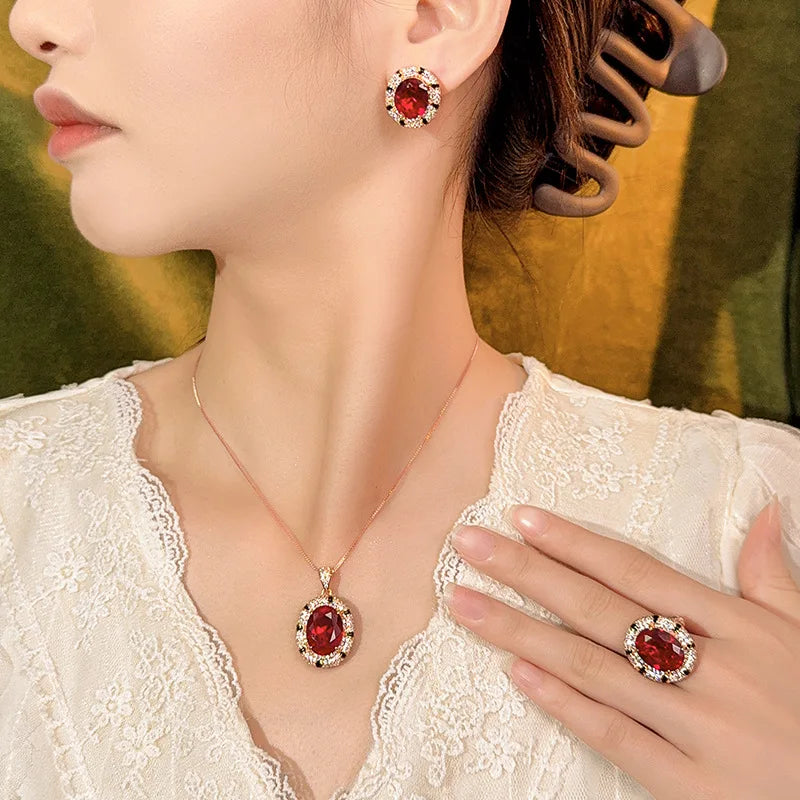 REDheart Trendy Zircon Simulation Brass Inlay Flower Pattern Women's Anniversary Engagement Wedding Party Gift Necklace Set