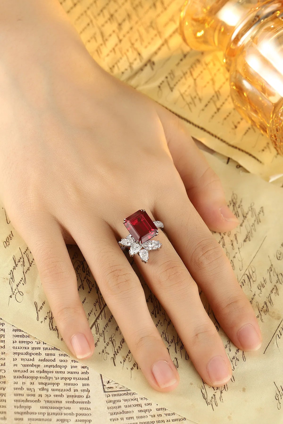 Gemfiori 8.62ct Lab Grown Pigeon Blood Ruby High End Ring Is Certified by AGL Suitable for Daily Wear Silver Luxury Lab Ruby Ring