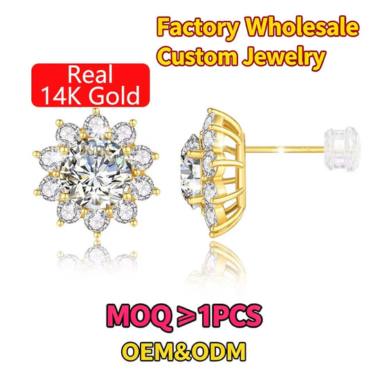 Gioiellieri Fine Jewelry Bijoux Woman Engagement Friendship Gift 1ct Moissanite Halo Sunflower Stud Earrings 14K Gold Hollow