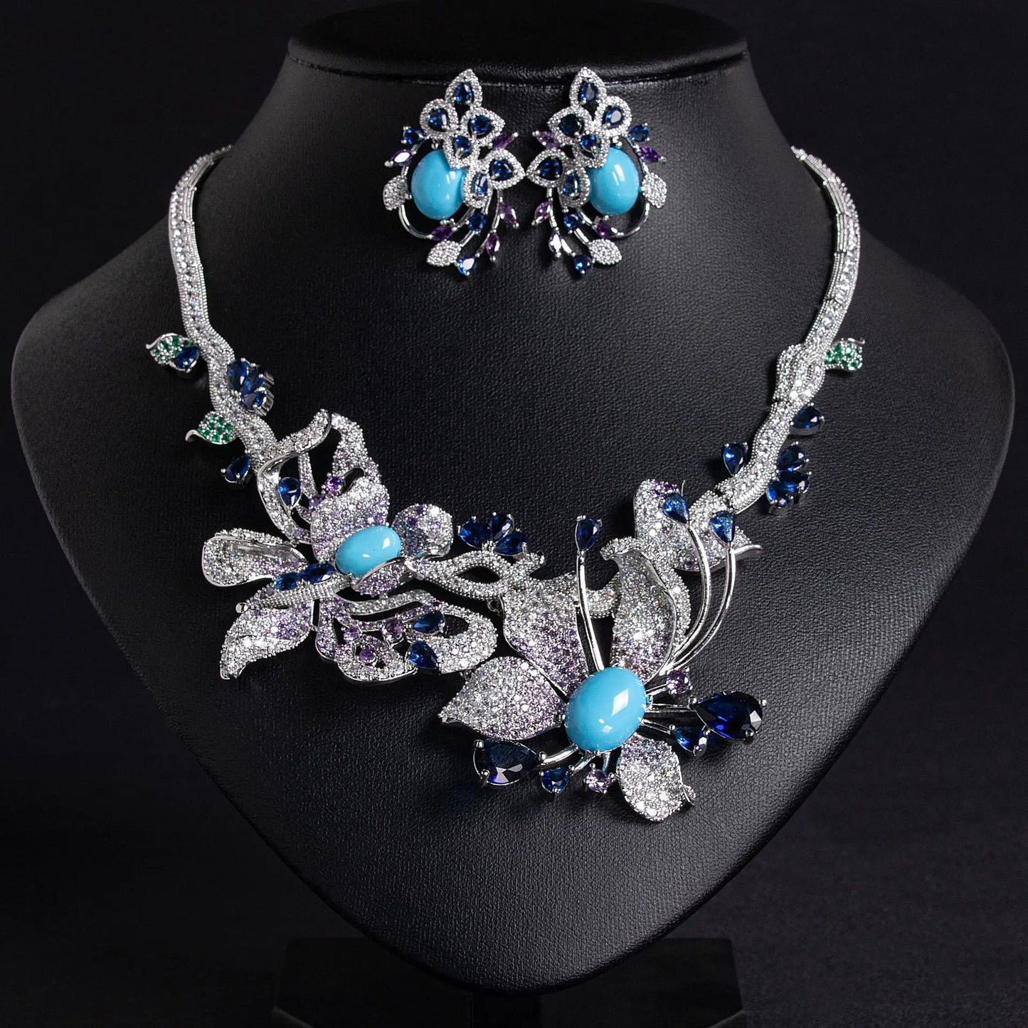 Dubai Jewelry Set for Women African Luxury Butterfly Flower Shiny Cubic Zirconia Necklace Earring 2pcs Jewelry Sets
