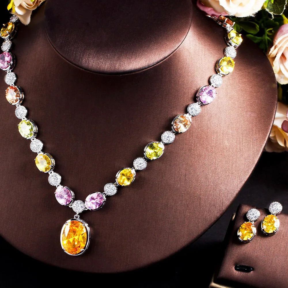 4pcs Luxury Jewelry Set Shiny Multi Color Yellow Oval Cubic Zircon Adjustable Ring Necklace Bracelet Earring for Women Wedding