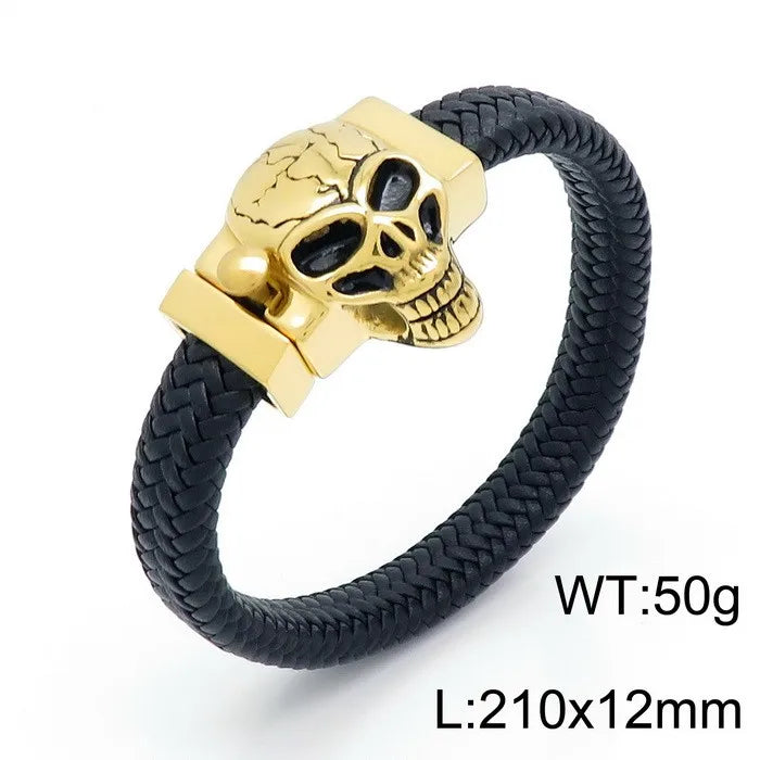 KALEN Men Punk Fashion Bracelets Fine Stainless Steel Leather Wolf Skull Bracelet Bangles