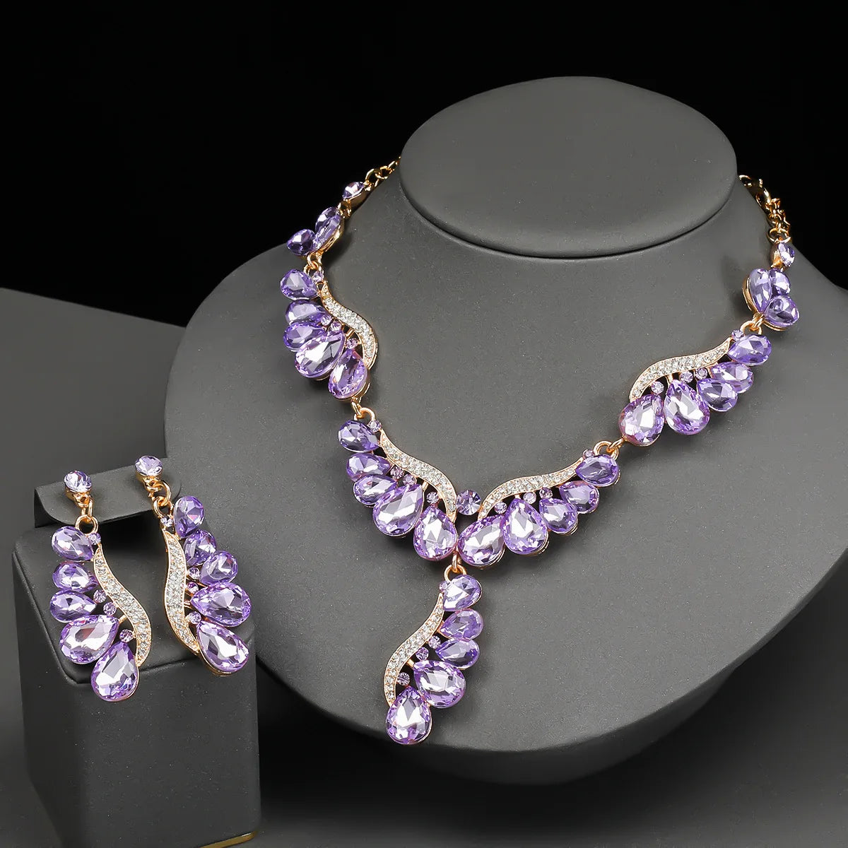 Luxury Multi Color Crystal Drop-Shaped Gemstone Necklace Earrings Jewelry Set for Women