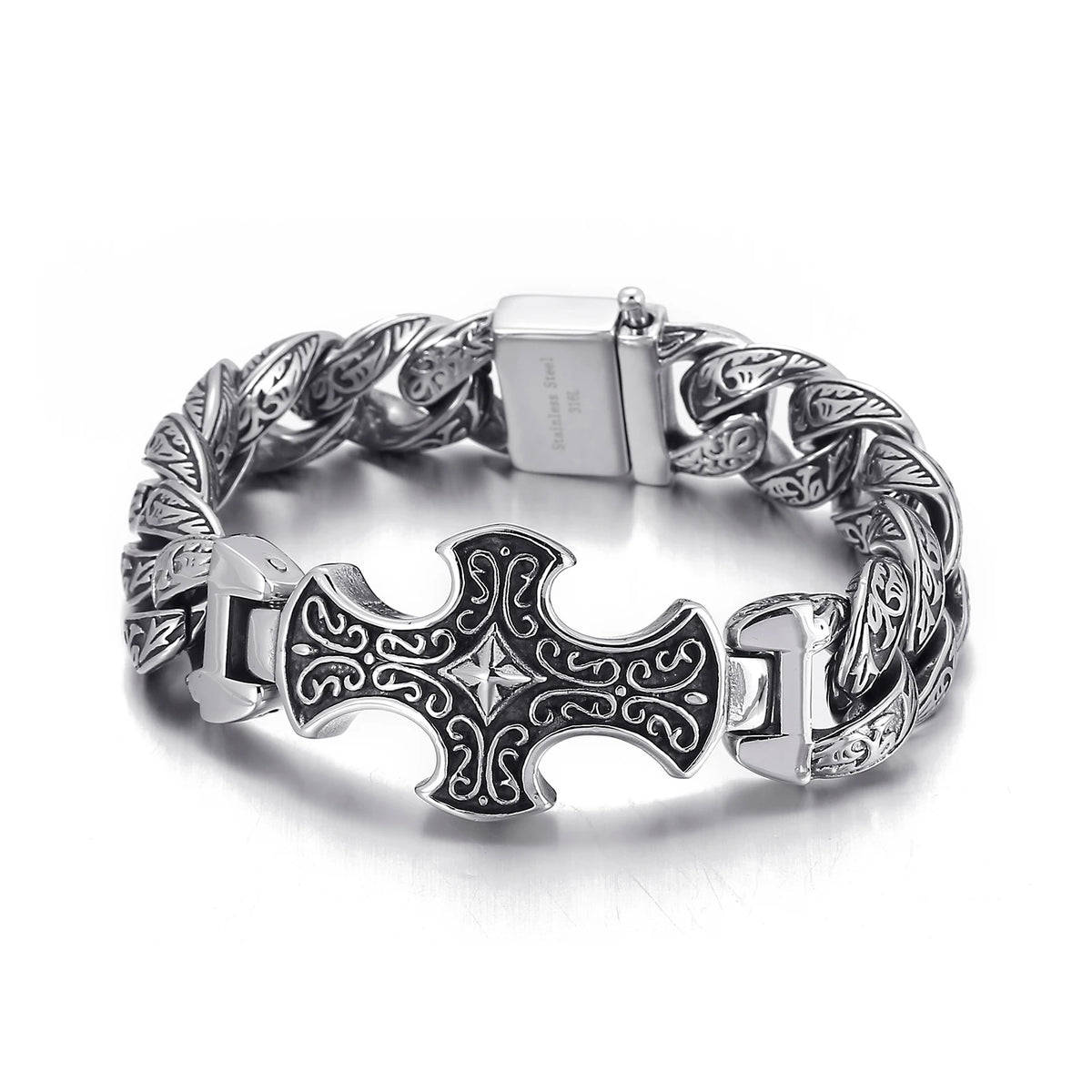 VIKING Mens Neo-Gothic Cross Charm Bracelet – Silver & Ancient Silver