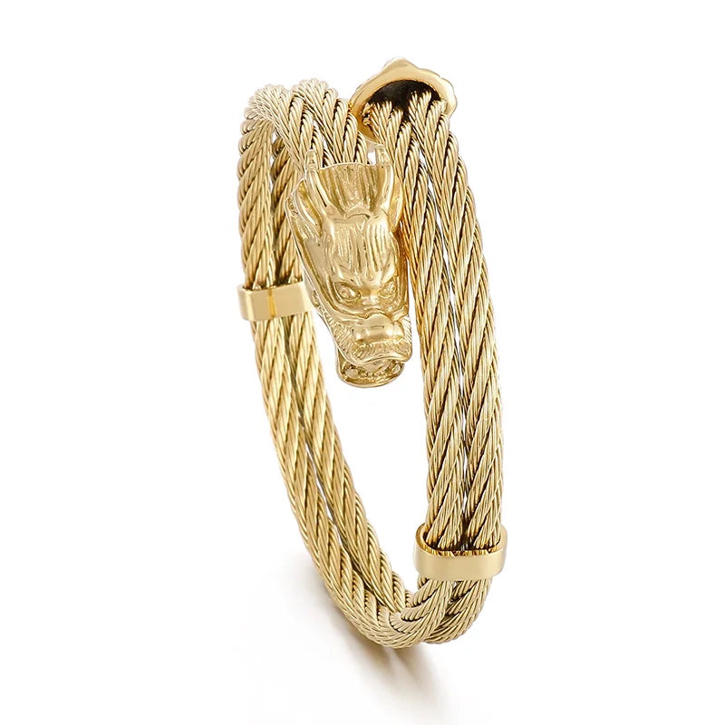 VIKING Mens Punk Dragon Head & Tail Cuff Bracelet – Black, Gold & Silver