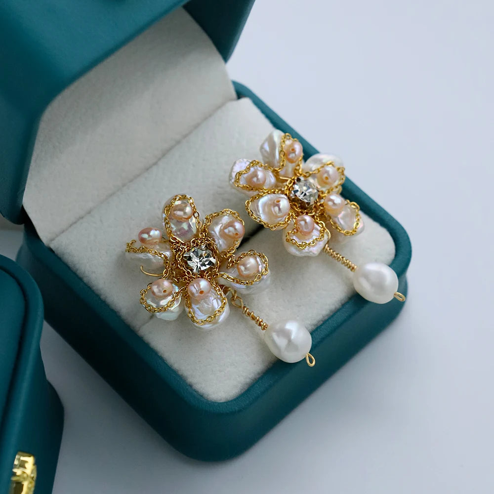 Natural Baroque Pearl Petal Flower Earrings for Women Korean Classic Vintage Fashion Jewelry Earrings GE1594