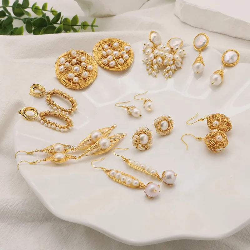 Natural Freshwater Pearls Metal Stud Earrings  Geometric Irregular  for Women Girl Gift Pearl Earrings